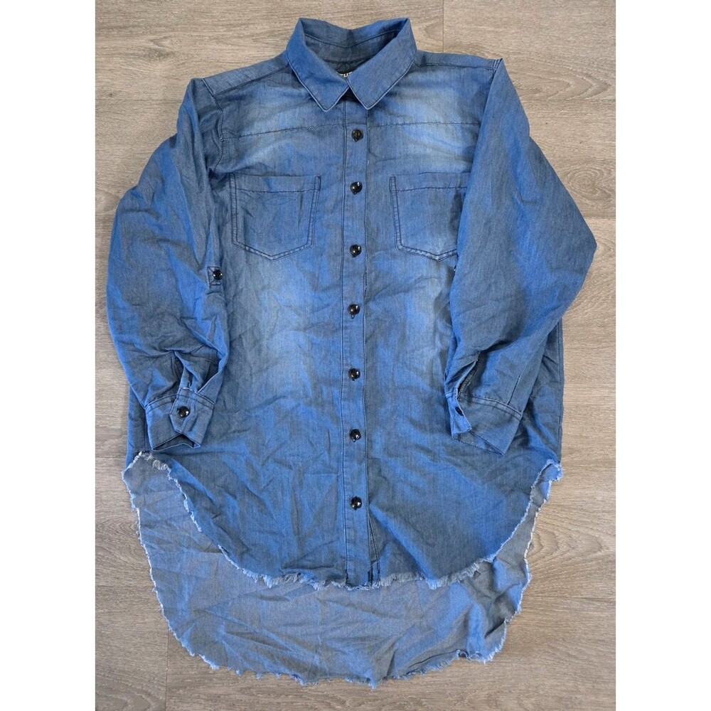 Thrill Jeans Women's 1X Blue Chambray Button Front Frayed Off Shoulder Top